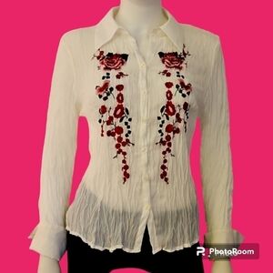 SLB 1990s Floral Embroidered White Crinkle Chiffon Button Down Shirt